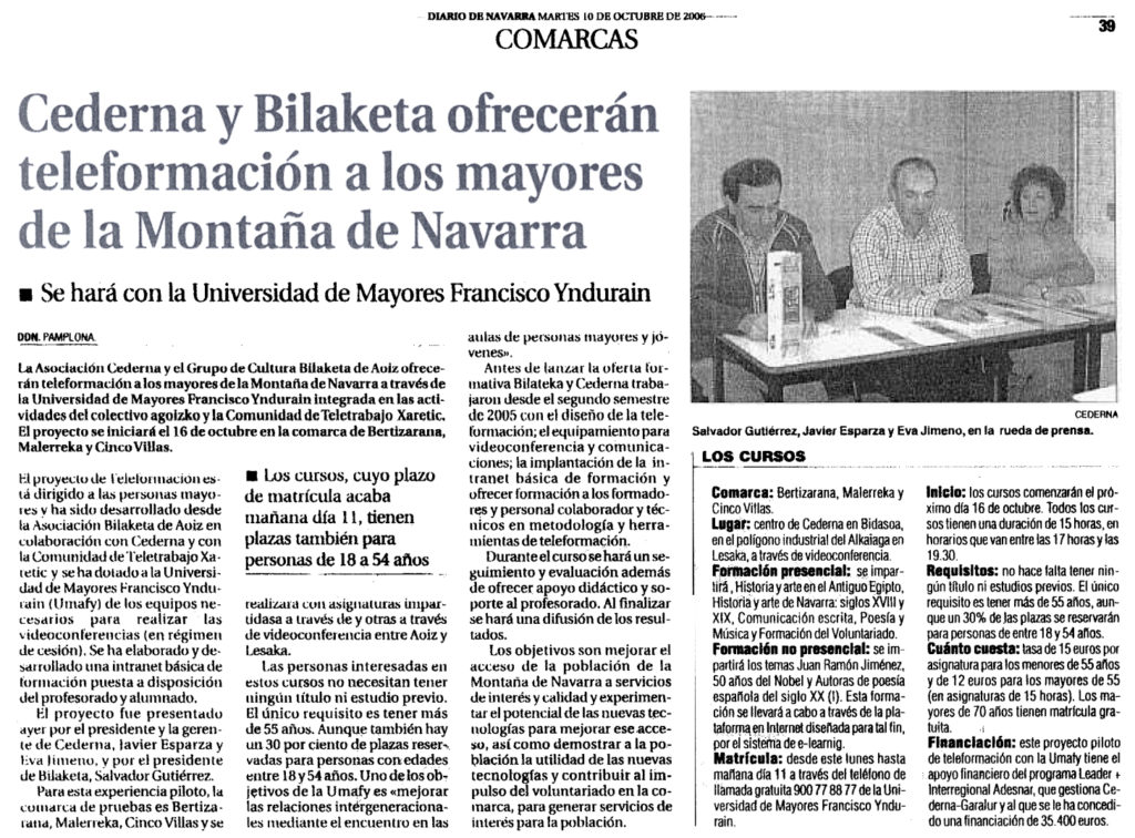 Cederna y Bilaketa ofrecerán teleformación a los mayores de la montaña de Navarra. Diario de Navarra. 10/10/2006