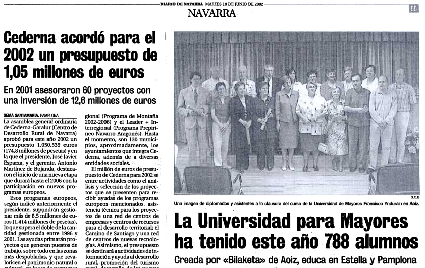 La Universidad para Mayores ha tenido este año 788 alumnos. Diario de Navarra. 18/06/2002