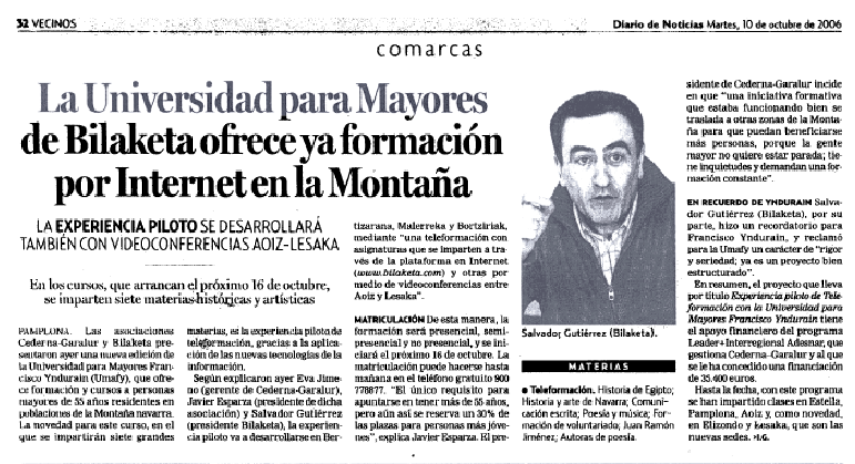 La Universidad para Mayores de Bilaketa ofrece ya formación por Internet en la Montaña. Diario de Noticias. 10/10/2006
